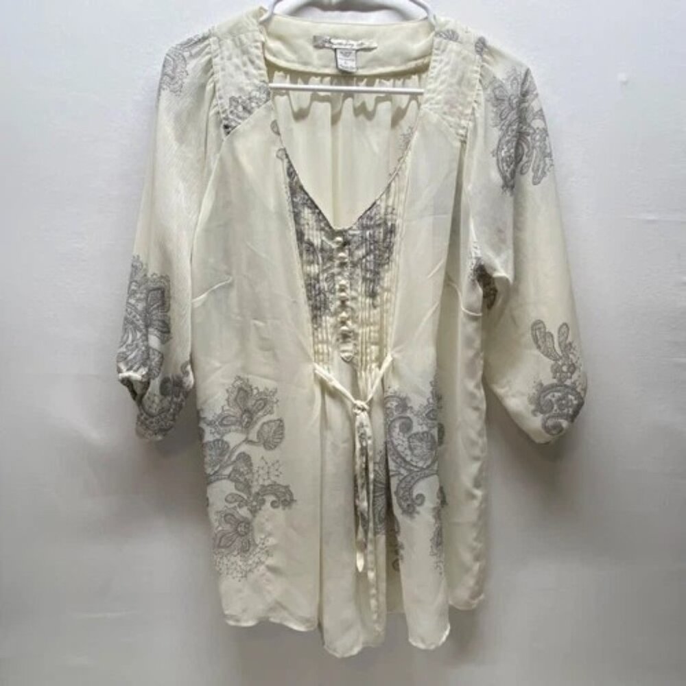 American Rag Cie Sheer Blouse Women's Large Ivory pearl Gray Paisley 3/4 Sleeve